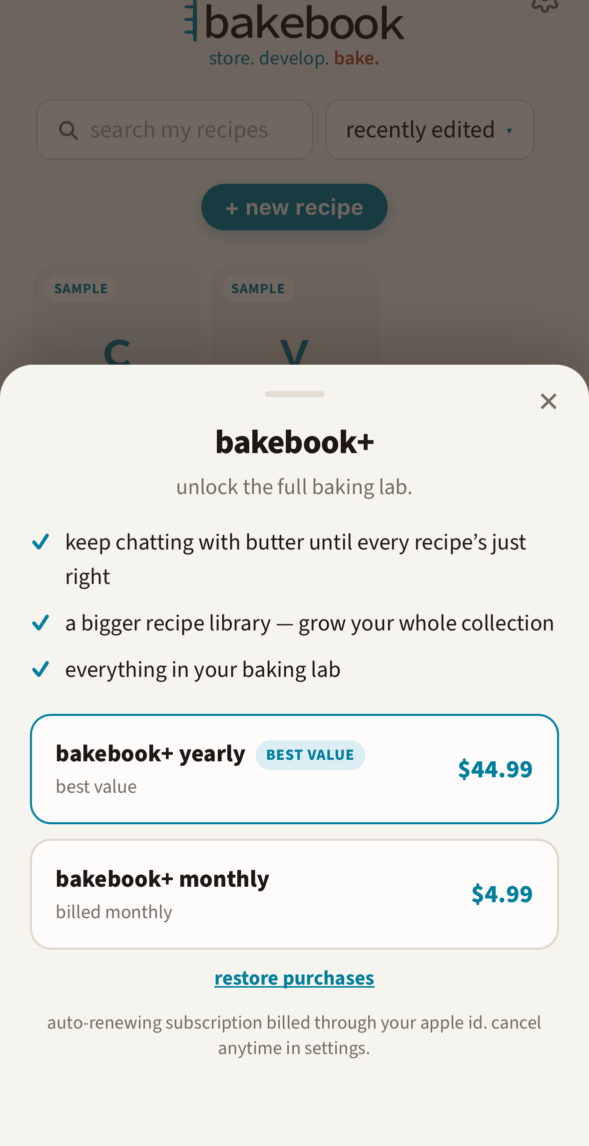 The bakebook+ paywall: 'unlock the full baking lab', listing three benefits (continuing to chat with butter, a bigger recipe library, and everything in the baking lab) above a yearly plan at $44.99 marked best value and a monthly plan at $4.99.