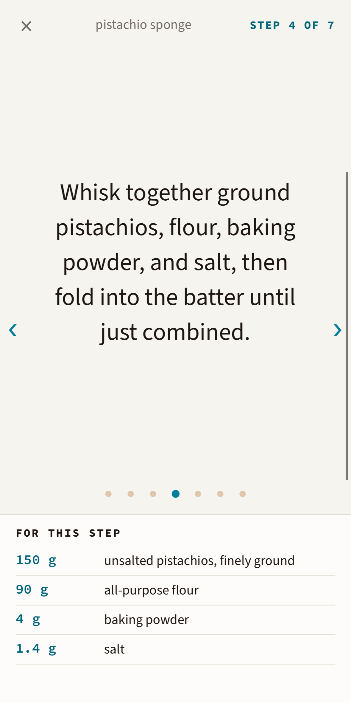 Make It: step 4 of 7 of a pistachio sponge, with only the ingredients for that step.