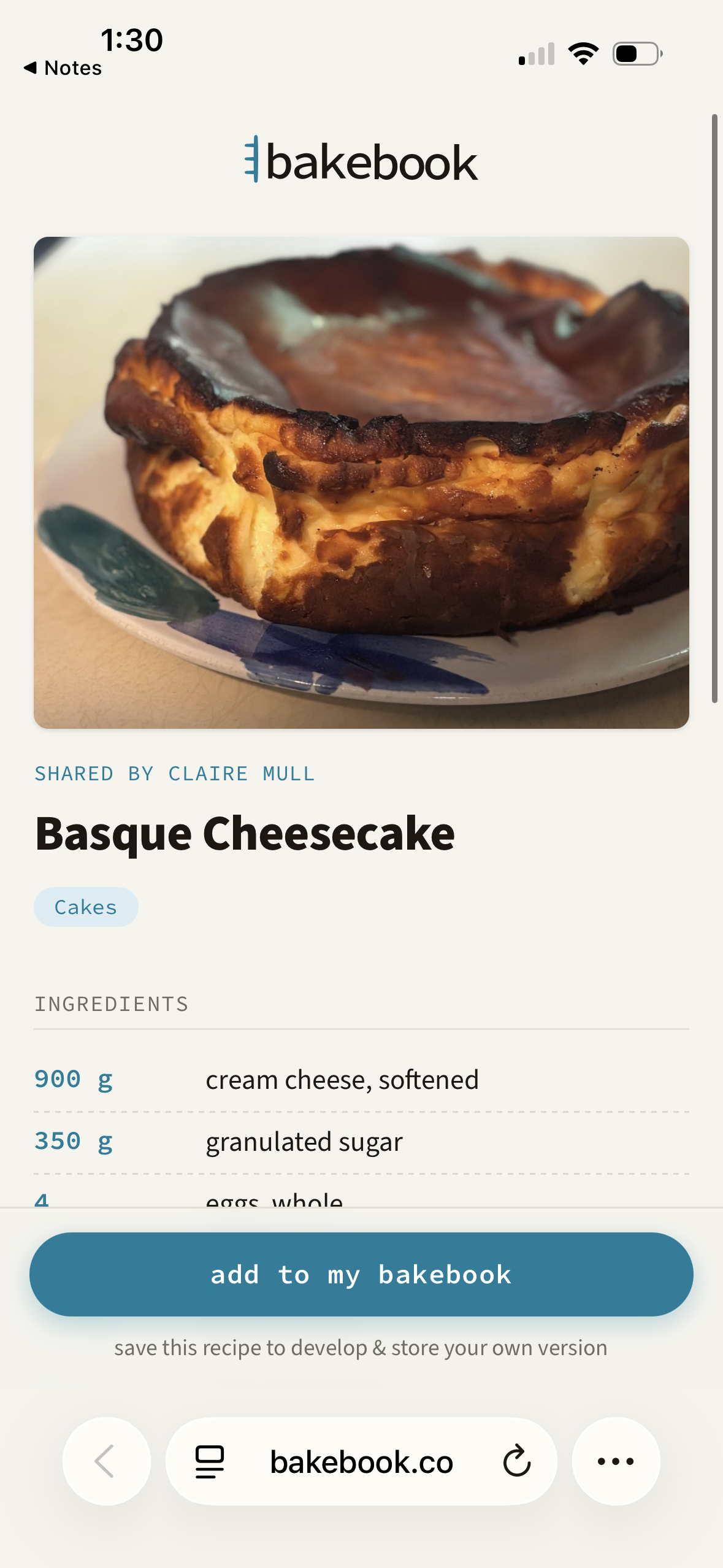 A shared bakebook recipe opened from a link: Basque Cheesecake, shared by Claire Mull, with an add to my bakebook button.