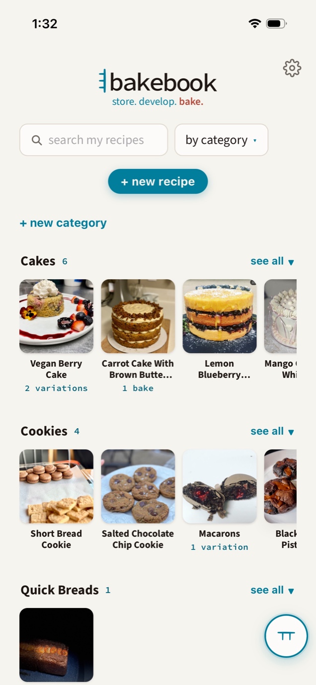 The current build: the categories tab is gone. A sort control reading 'by category' sits beside the search field, grouping the recipe list into rows headed Cakes, Cookies and Quick Breads.