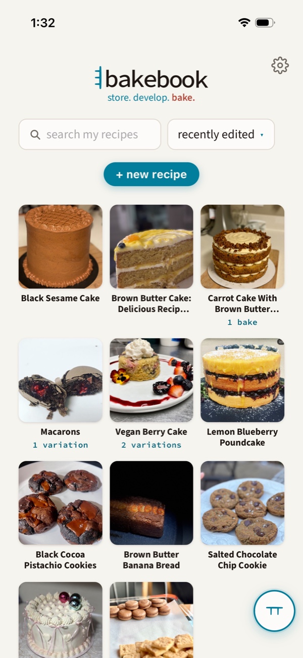 The bakebook recipe library: a grid of the baker's own photographed bakes, several marked with a variation or bake count.