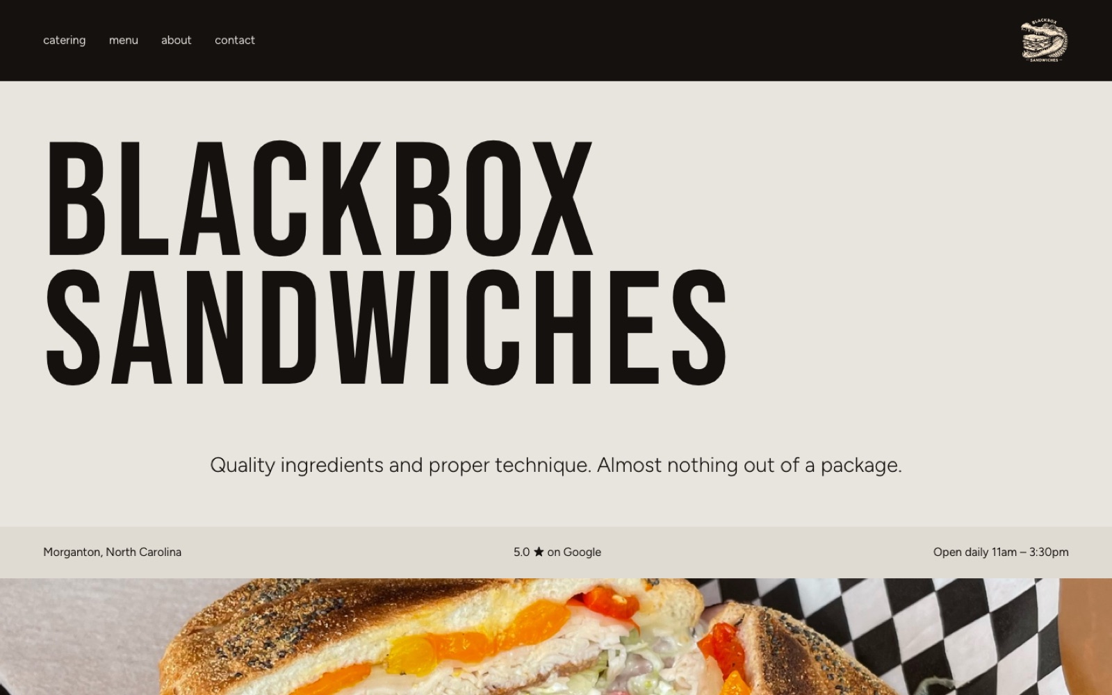 The first design: BLACKBOX SANDWICHES set huge in a condensed black face on a pale ground, a small line of copy under it, and a cropped photograph of a sandwich along the bottom.