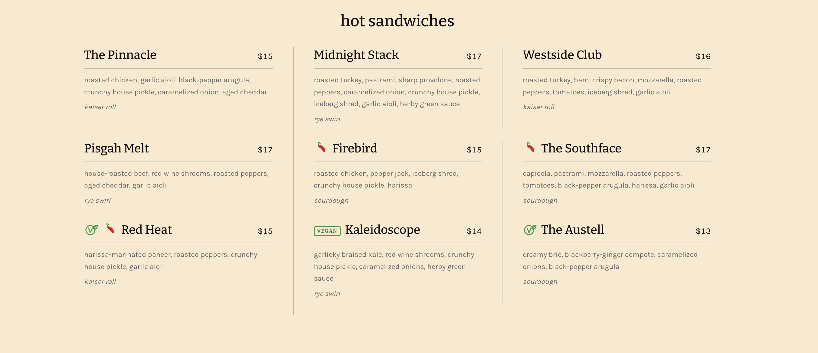 The new web menu as real text on cream: 'hot sandwiches' over three columns of names and prices, each with its ingredients and bread underneath, and small markers for spicy, vegetarian and vegan.