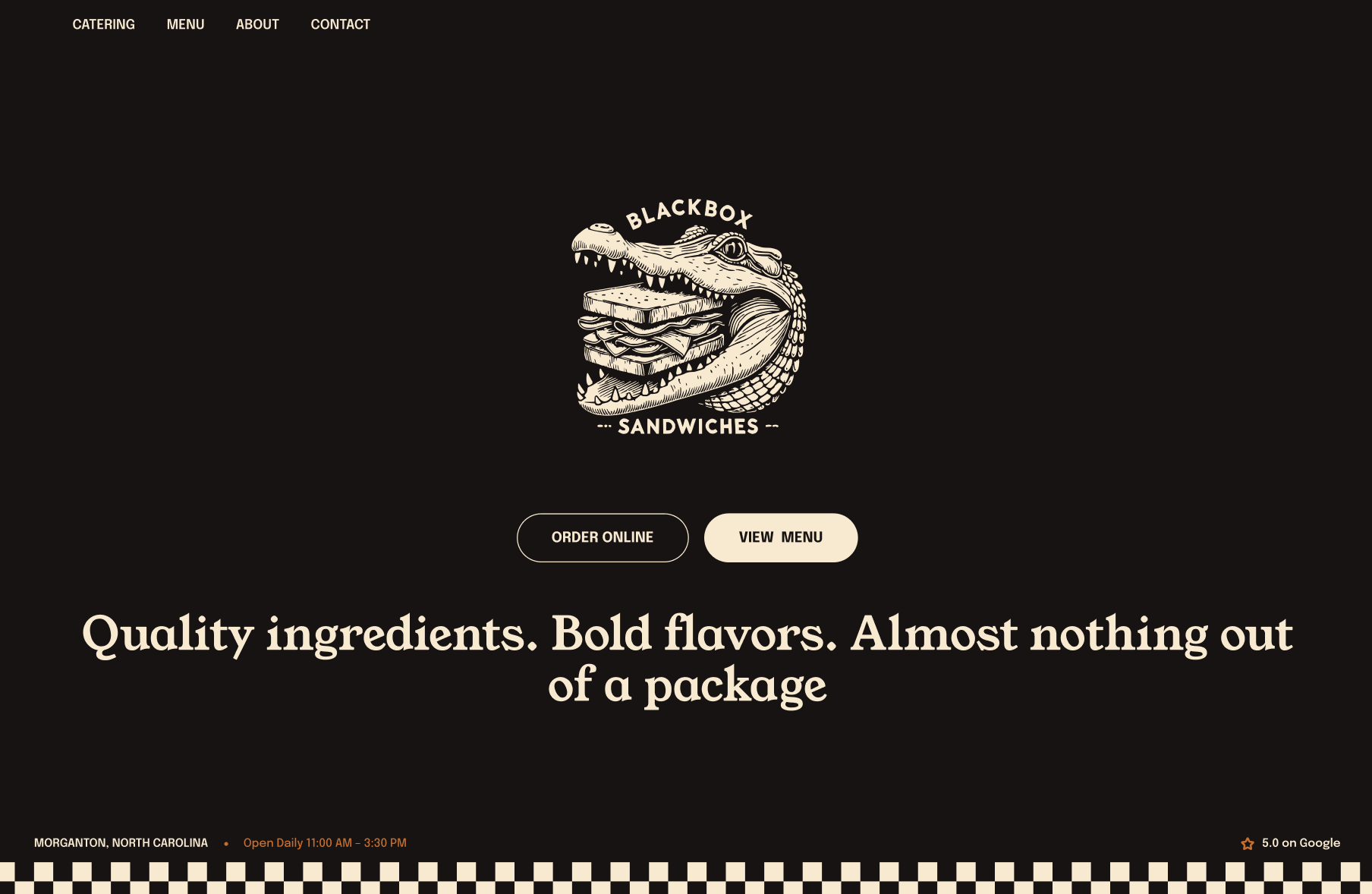 The new Blackbox home page: the gator logo centered on charcoal, two buttons, one cream line reading 'Quality ingredients. Bold flavors. Almost nothing out of a package.', and a checkered strip along the foot.