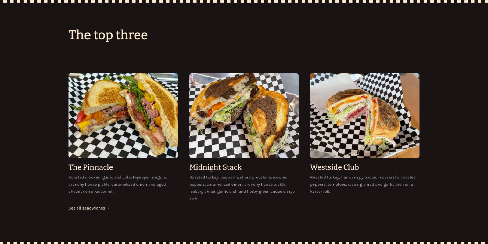 The new top three on charcoal: The Pinnacle, Midnight Stack and Westside Club, each with a photograph on checkered paper and its full ingredients underneath.