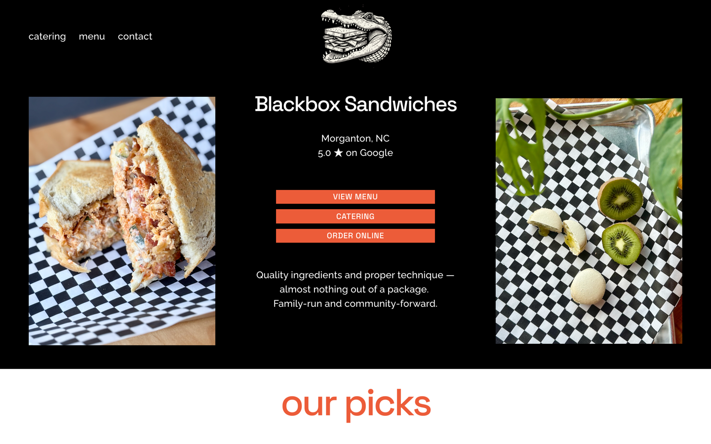 The old Squarespace home page on black: the gator logo over Blackbox Sandwiches, Morganton NC and 5.0 on Google, three orange buttons (view menu, catering, order online), a sandwich and a plate of kiwi and macarons on checkered paper either side, and 'our picks' in orange below.