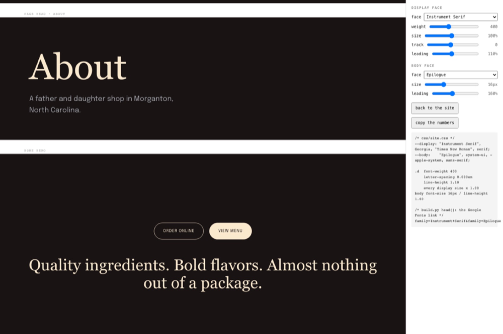 The type playground: the About page heading and the home page's one line set in candidate faces, with a panel down the right for choosing the display and body face and sliding weight, size, tracking and leading.