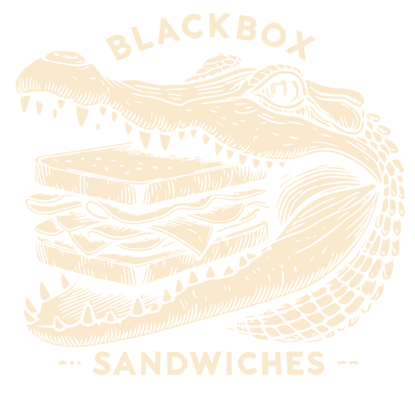 The Blackbox Sandwiches logo: an alligator, jaws wide, biting down on a stacked sandwich, its tail curling round beneath. BLACKBOX arcs over the top and SANDWICHES sits below, cream on a black square.