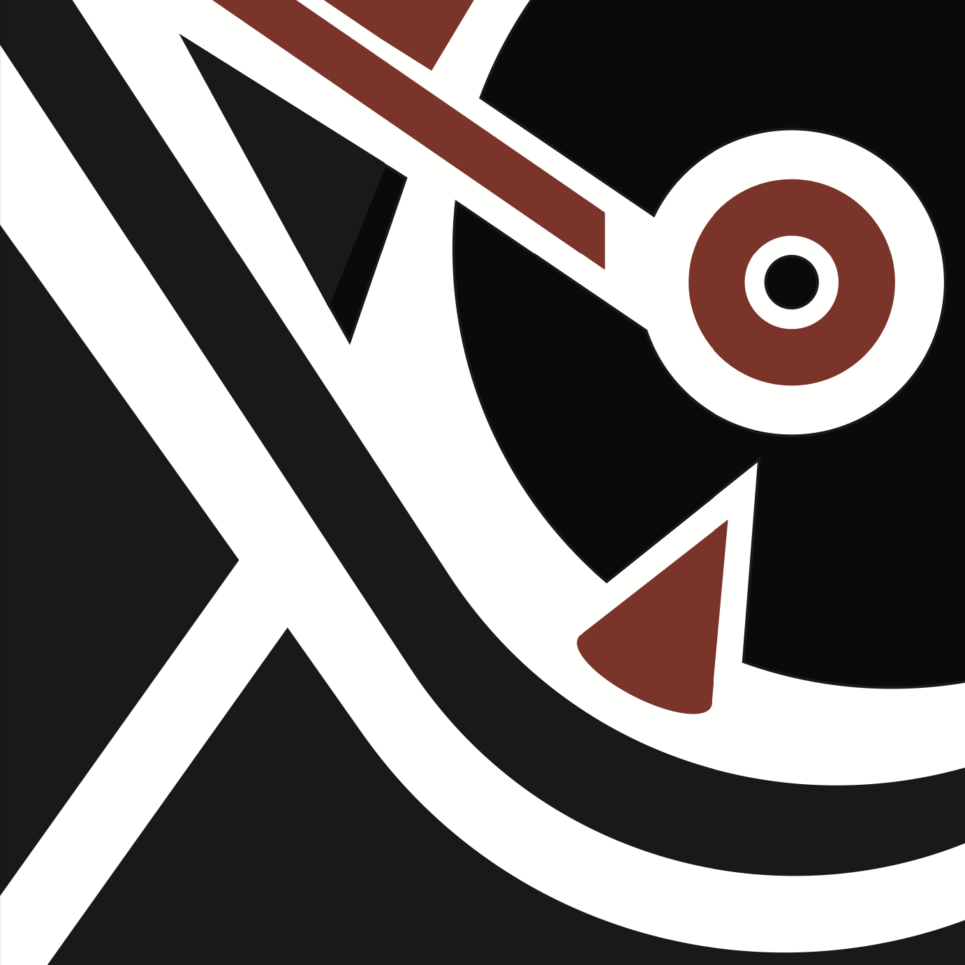 A water bottle seen from above and abstracted into hard-edged shapes in black, white and rust: a heavy diagonal band, a swept curve and a concentric ring.