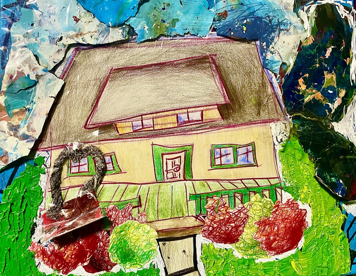 A house drawn in colored pencil, cut out and mounted on a collaged ground of torn painted film, impasto foliage and fiber.