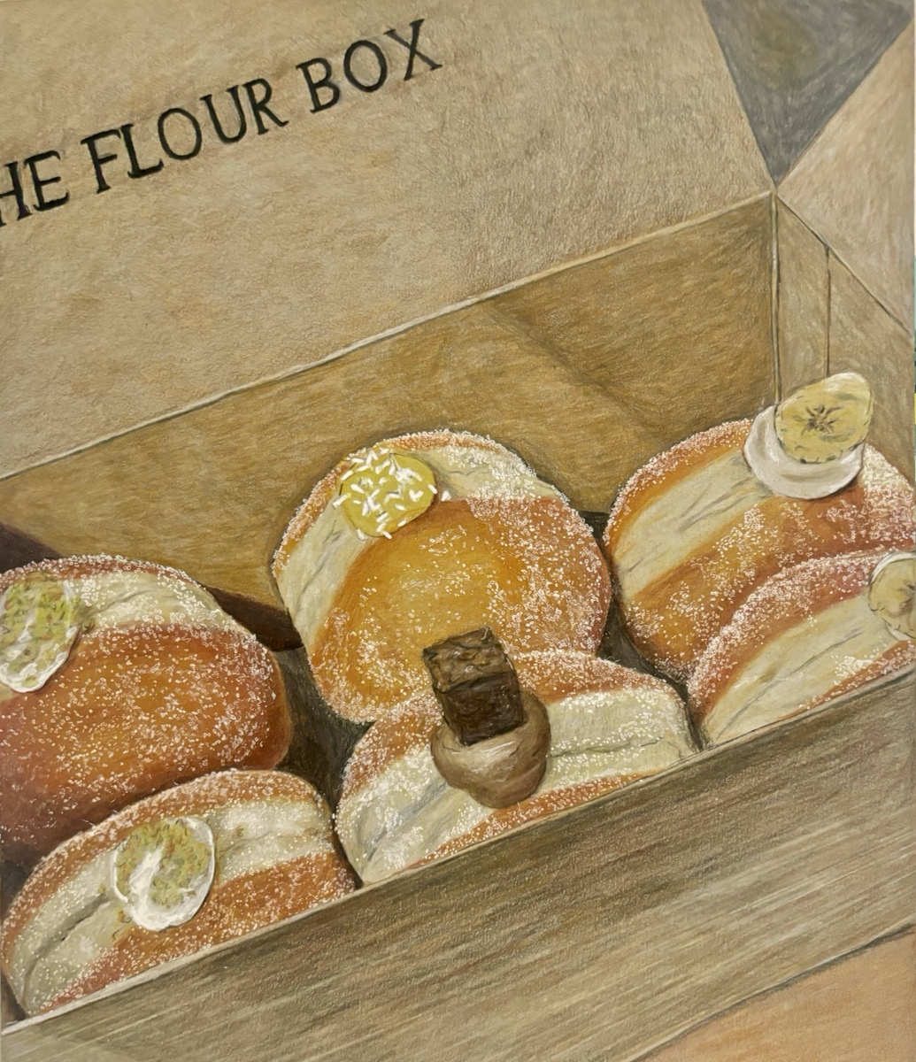 Six filled doughnuts in an open bakery box, each dusted with sugar and topped differently.